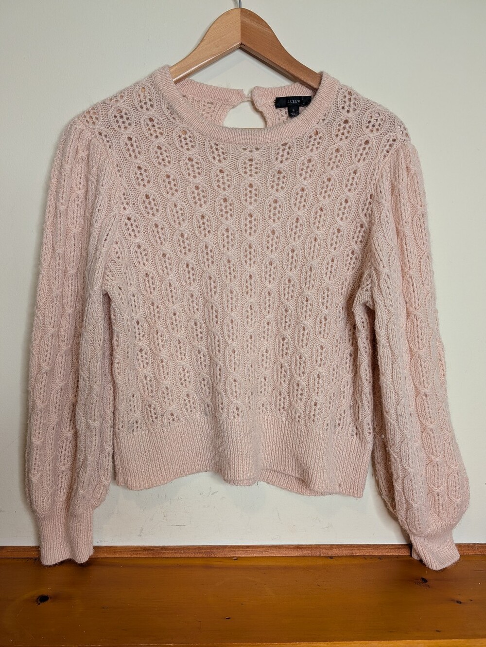 J.Crew Blush Pink Pointelle Cable Knit Balloon Sleeve Sweater Size L